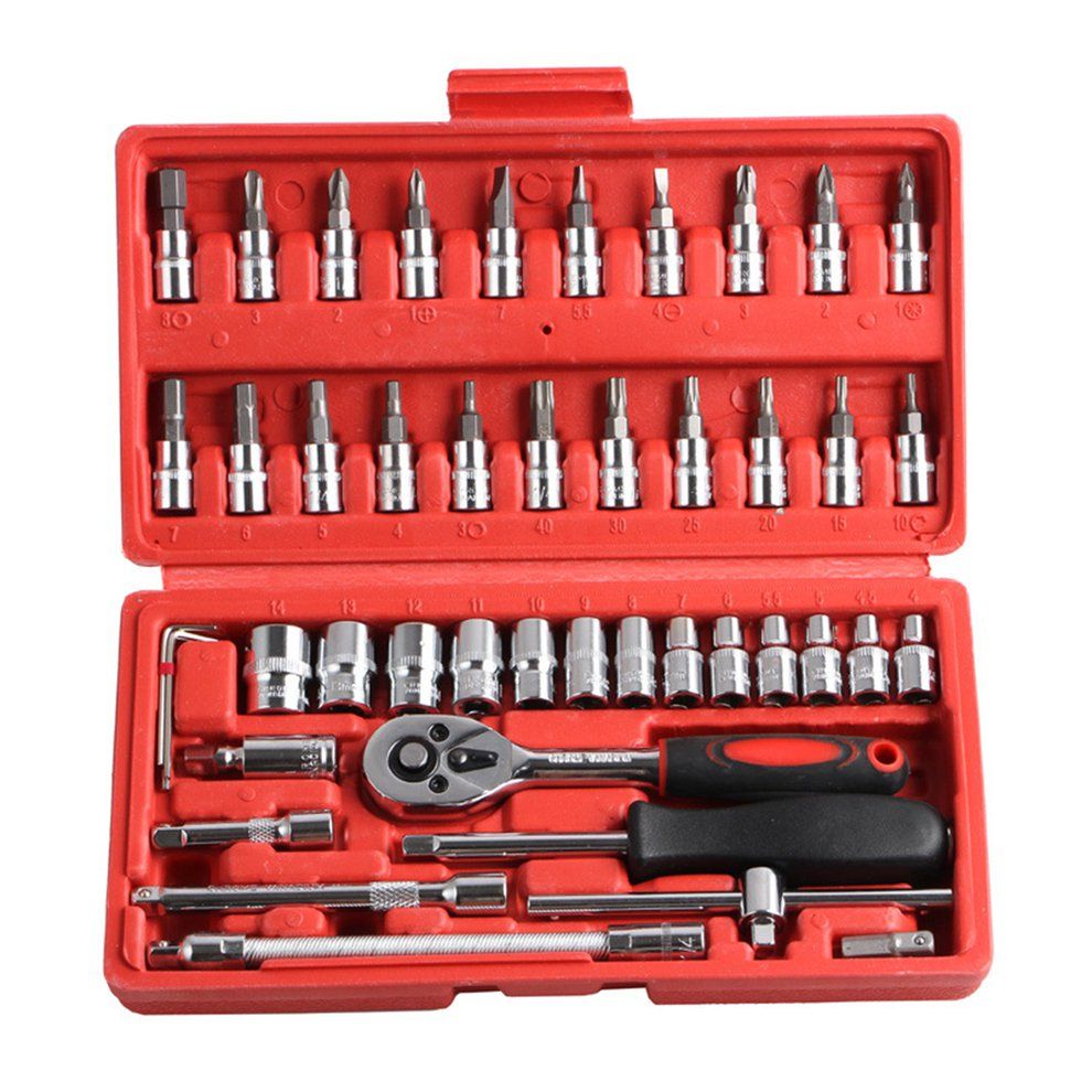 46p S/set  Arbon Steel  Ombination Set Wren H So Ket Spanner S Rewdriver Household  Motor Y Le   Ar Repair  Tool-silver