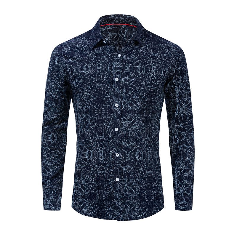 Men's Long Sleeve Waves Print Cotton Shirt - Blue