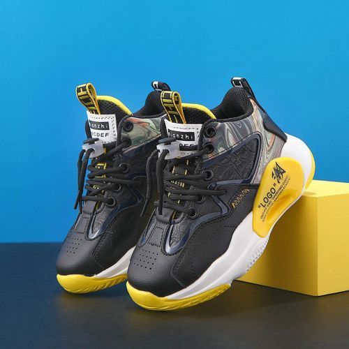 Boys' Casual Running Children's Sports Basketball Thick Bottom Mid Shoes Black