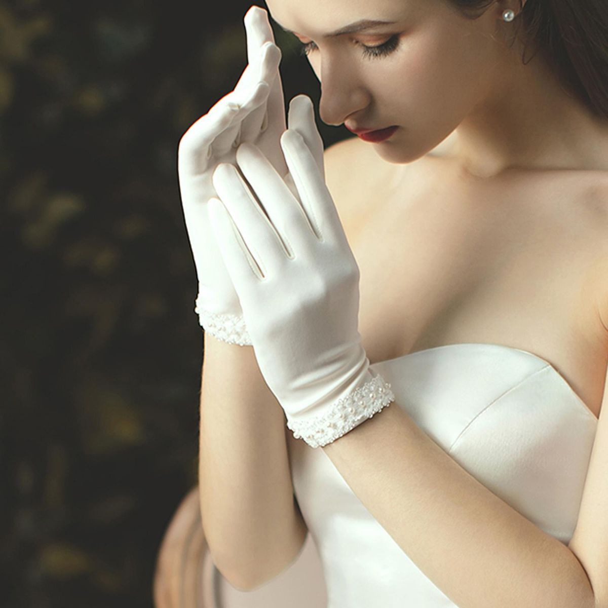 Bridal Satin Gloves Short Full Finger Wrist Length For Wedding Party