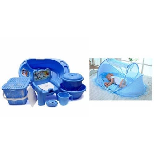 Bath Set 7pcs + Pop Up Baby Bed Net - Blue