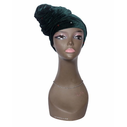Classic Stone Studded Velvet Cap Wrap Turban - Green
