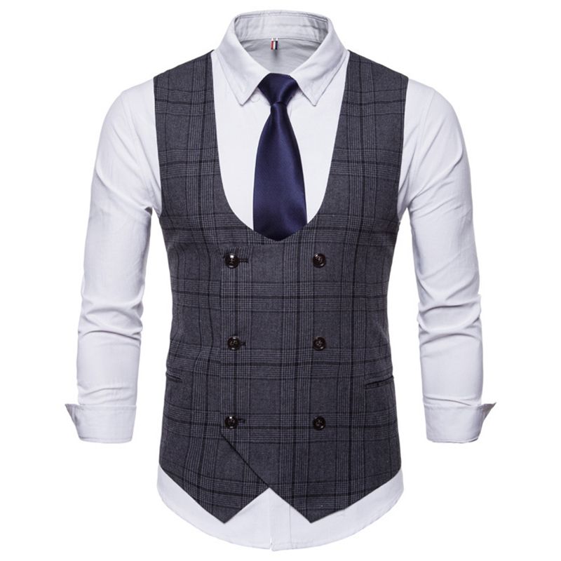 (Dark Gray)Shenrun Men's Check Vests Fashion Waistcoats Business Office Work Formal Casual Vest Coffee Light Gray Double Breasted U Collar WAR