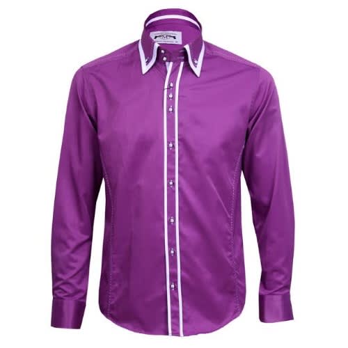 Men's High Collar Tailored Shirt - Purple & White - Msht-4151