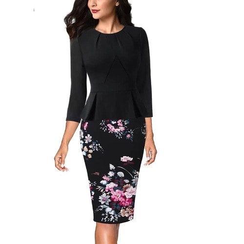 Pleat Neck Peplum Dress- Floral