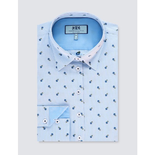 Women's Light Blue & Dark Blue Dobby Little Flowers Fitted Shirt - Single Cuff
