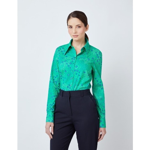Women's  Daisy Print Semi Fitted Shirt - Green & Navy
