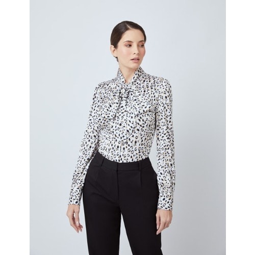 Women's Leopard Print Satin Blouse - Beauty Bow - White & Black