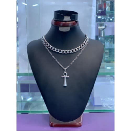 2 Chains With Cross Pendant - Silver