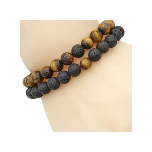 2 In 1 Tiger Eye Stone Beaded Bracelet - Brown & Black