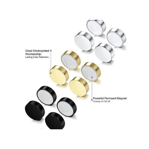 Non Tarnish Men's Magnetic Earrings - Black + Silver & Gold - 6 Pcs