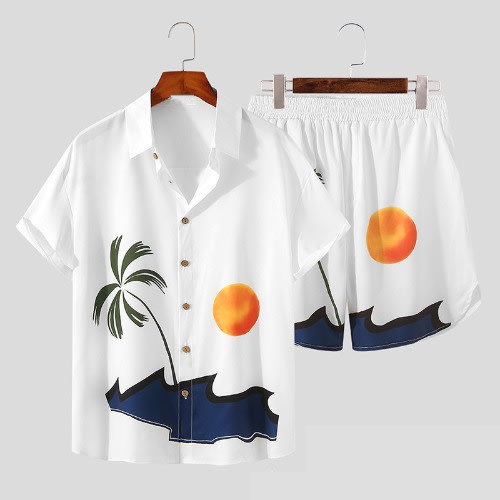 Two Piece Hawaiian Men Sunset Beach Print Sets - Shirt And Short