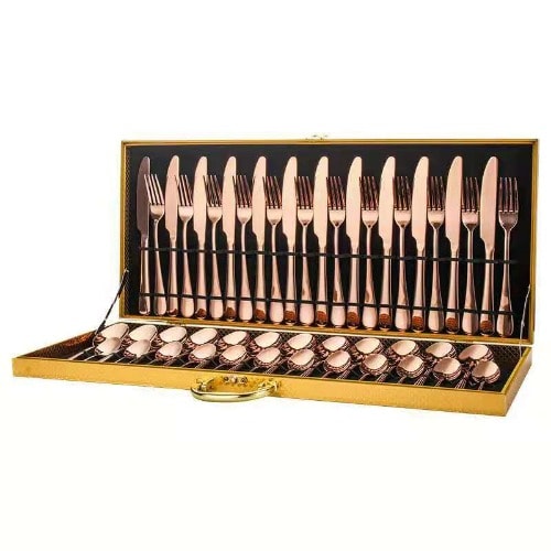 Cutlery Set With Wooden Box - Rose Gold - 48pcs