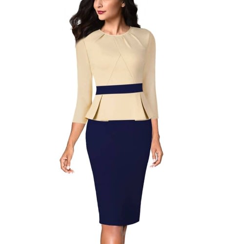 Pleat Neck Peplum Dress- Beige& Blue