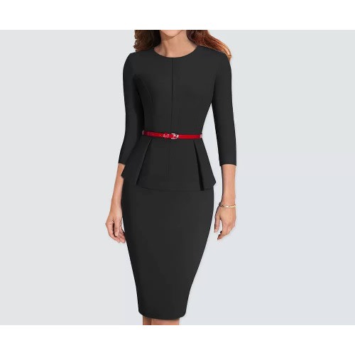 Peplum Belted Pencil Dress- Black