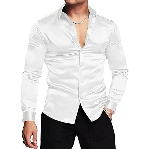 Men's Off White Button Down Long Sleeve Shirt Shiny Silky Wedding Satin Dress