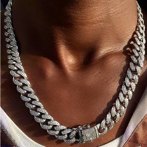 Iced Out Cuban Link Neckpiece Chain - Silver.