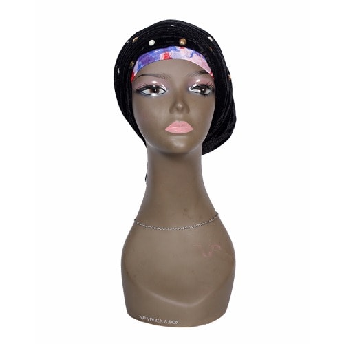 Studded Metallic Velvet Cap Wrap Turban - Black