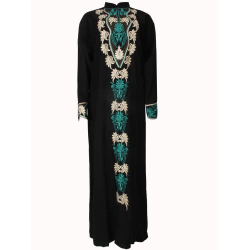 Ladies Abaya With Green Design - Black