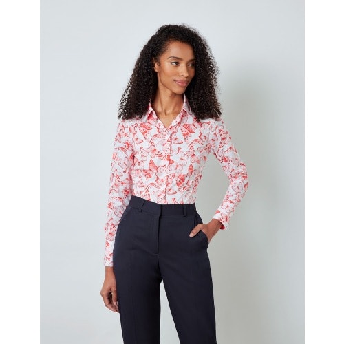Women’s Butterfly Print Fitted Shirt - White & Red