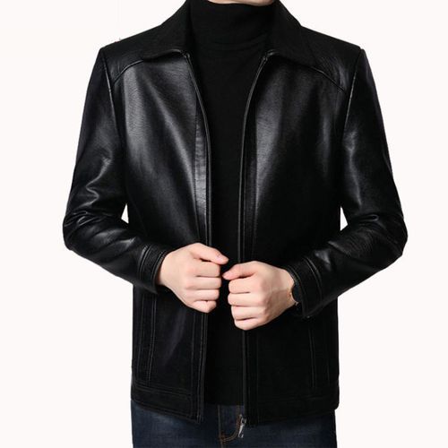 Men's Big Size Windproof Casual Leather Jacket-Black