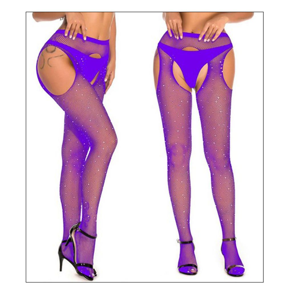 Women Crystal Rhinestone Fishnet Net Mesh Stockings Tights Purple