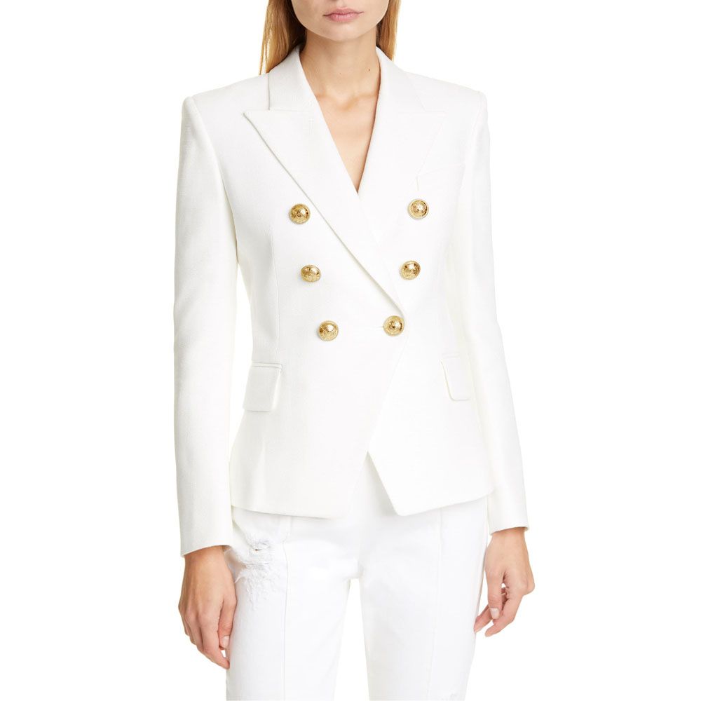 Womens Plaid Double Breasted Suit Jacket Blazer-White