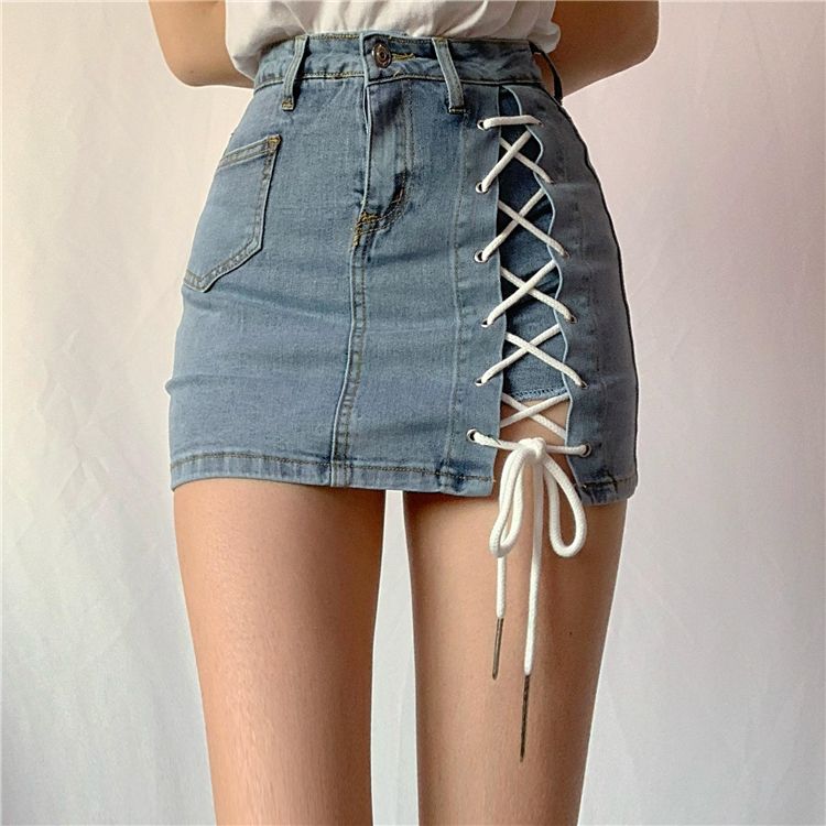 (Blue)summer Denim High Waist Criss-cross Bandage Skirt Shorts Women Fashion  Tight Elastic Short Jeans Womens Clothing 2020 DOU