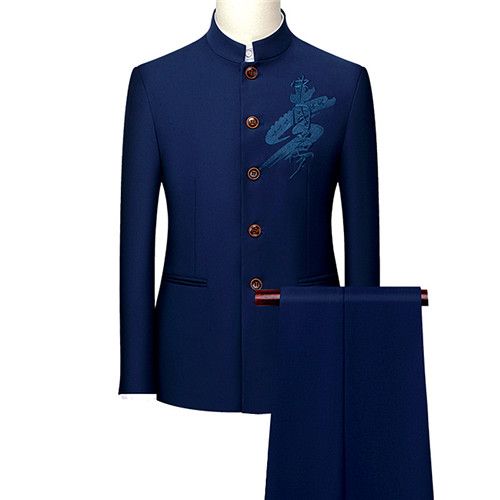 Mens Retro Wedding Party 2-Piece Set Embroidery Men Tang Suit 203 Navy
