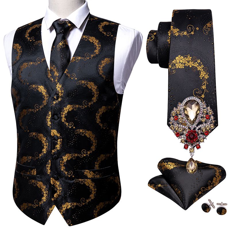 (GM-2084-Brooch)Black 5PCS Designer Mens Wedding Suit Vest Gold Floral Jacquard Folral Silk Waistcoat Tie Brooches Vest Set Barry.Wang Groom DOU