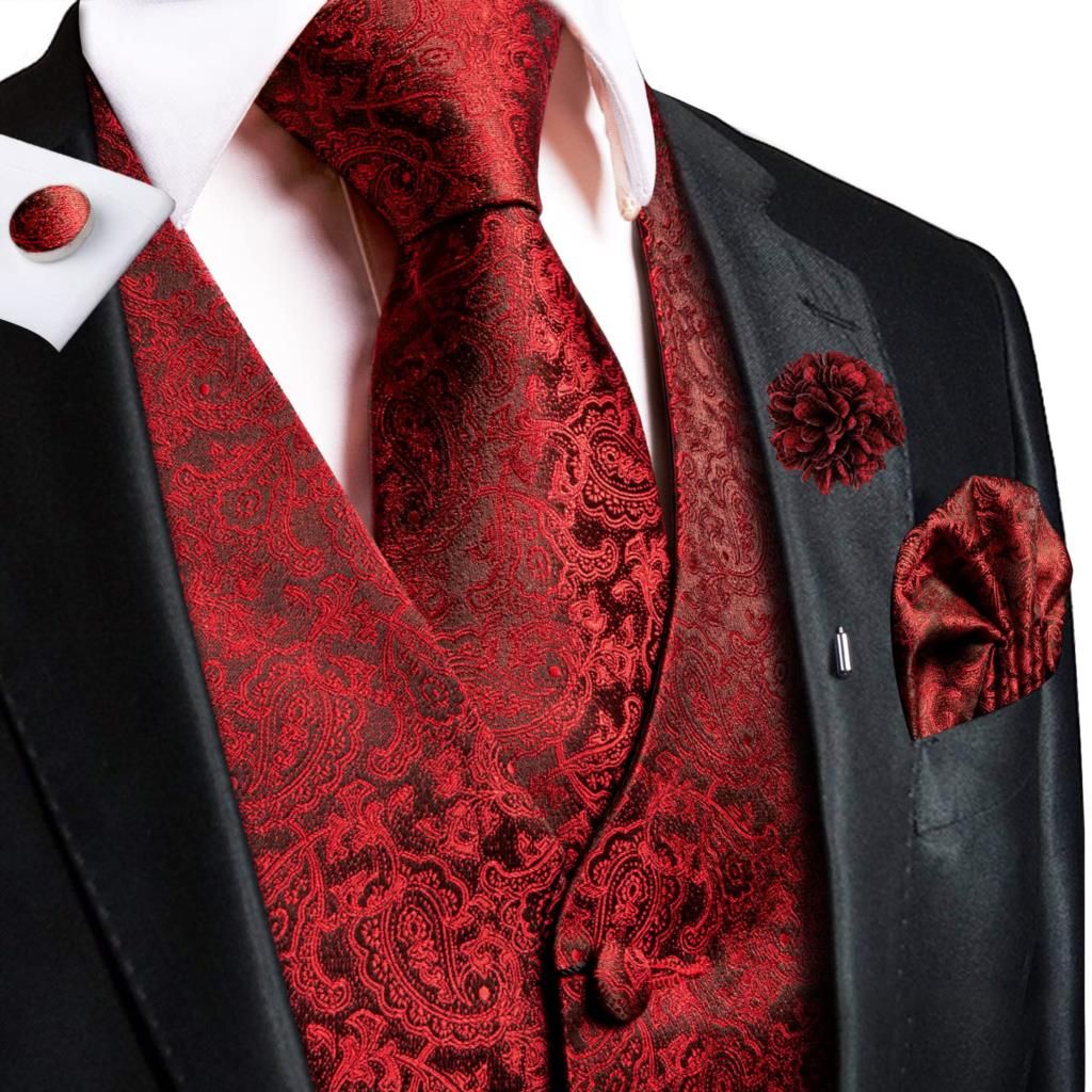 (MJ-0013-0155)Hi-Tie High Quality Silk Mens Vests Pink Gray Floral Waistcoat Tie Hanky Cufflinks Brooch Set For Men Suit Wedding Office Gift DOU