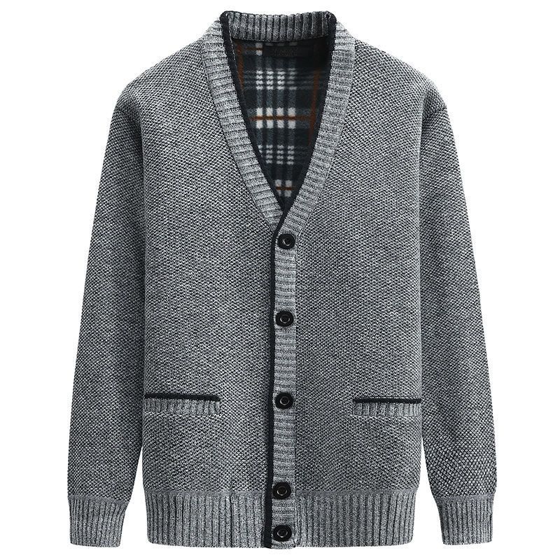 Cardigan Men Autumn Winter Thick V Neck Knitted Sweater Coats Causal-Light Grey