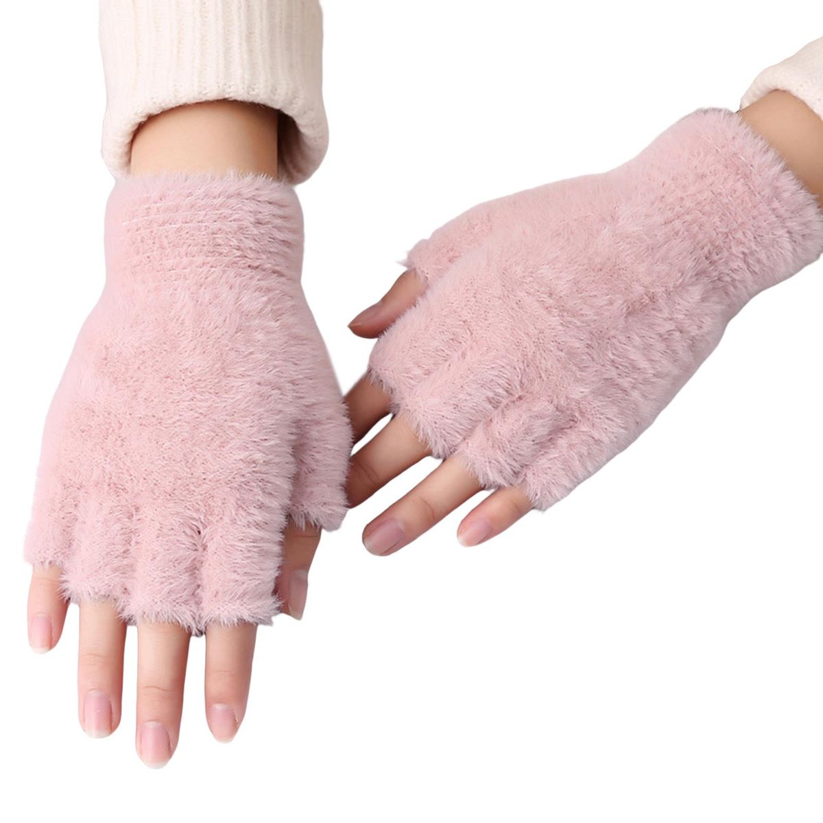 1 Pair Half Finger Winter Warm Fluffy Plush Women Pink