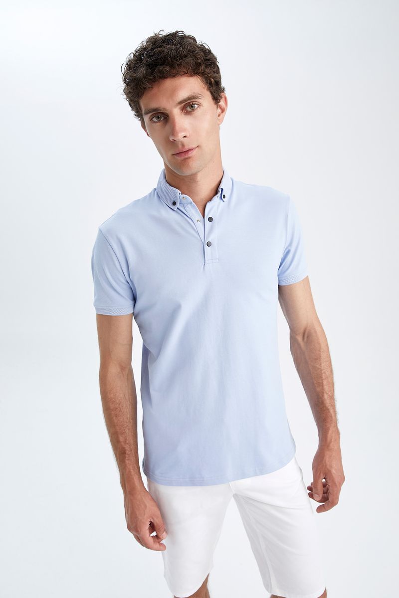 Man Slim Fit Polo Neck Short Sleeve Knitted Polo T-Shirt - Blue