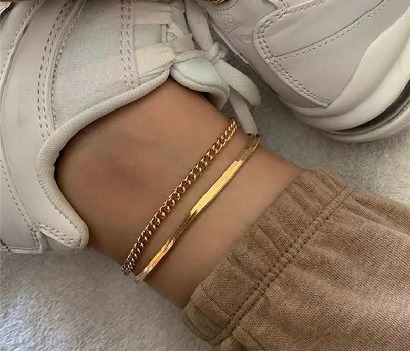 01 LUXE 2 IN 1  CUBAN LINK AND HERRING BONE  ANKLET