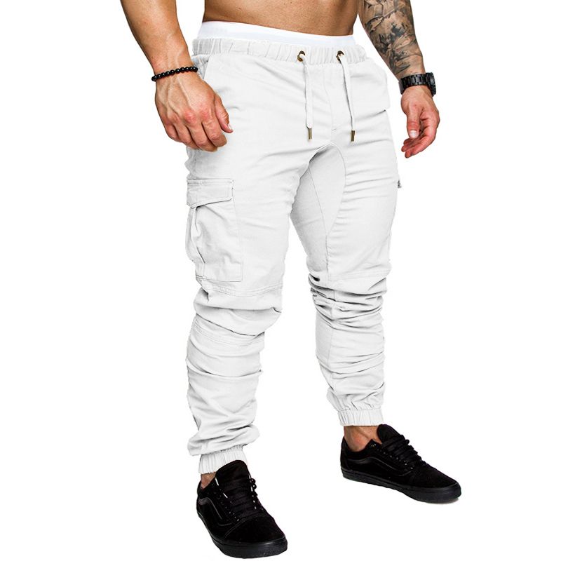 (white)New Fashion Men's Multi-Pocket Overalls Sports Trousers Mens Casual Fitne