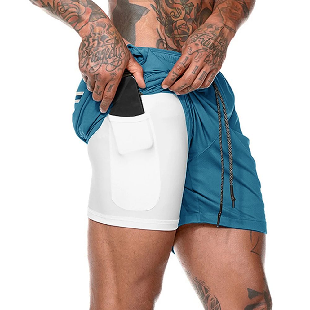 Men 2-in-1 Workout Running Shorts Sport Hip Fitness-LB