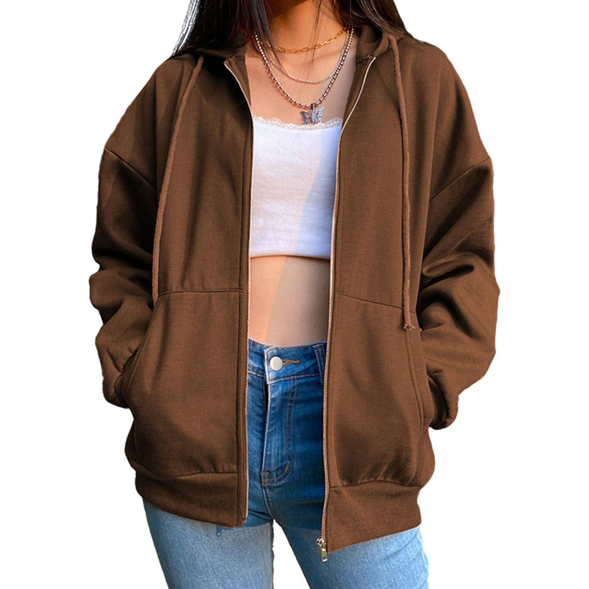 Coat Long Hat Zipper Classic Women's Hoodie Coat Oversized Coffee 2XL
