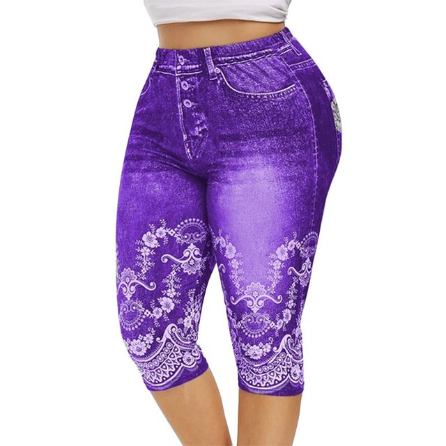 Printed False Denim Yoga Pant 3\\4 Women Jeans Leggings High Waist Breeches Pants Super Elastic Jeggings Plus Size 5XL(#Style 1--Color 5)