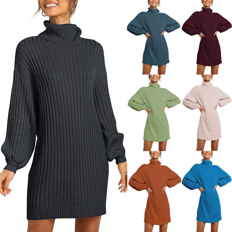 2022 Autumn and Winter New Women's High-neck Medium Length Sweater Knitwear Dress