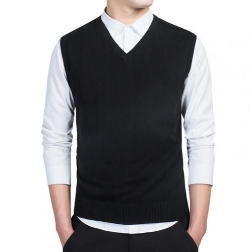 Men Autumn Winter Suit Vests Solid V Neck Gentlemen Sleeveless Waistcoat Cotton Knitted Sweater Business Vest For Wedding Party Black