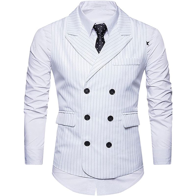 Men's Classic Stripes Suits Vest Double Breasted Tailo Collar Waistcoat Gilet Homme Chalecos Para Hombre White