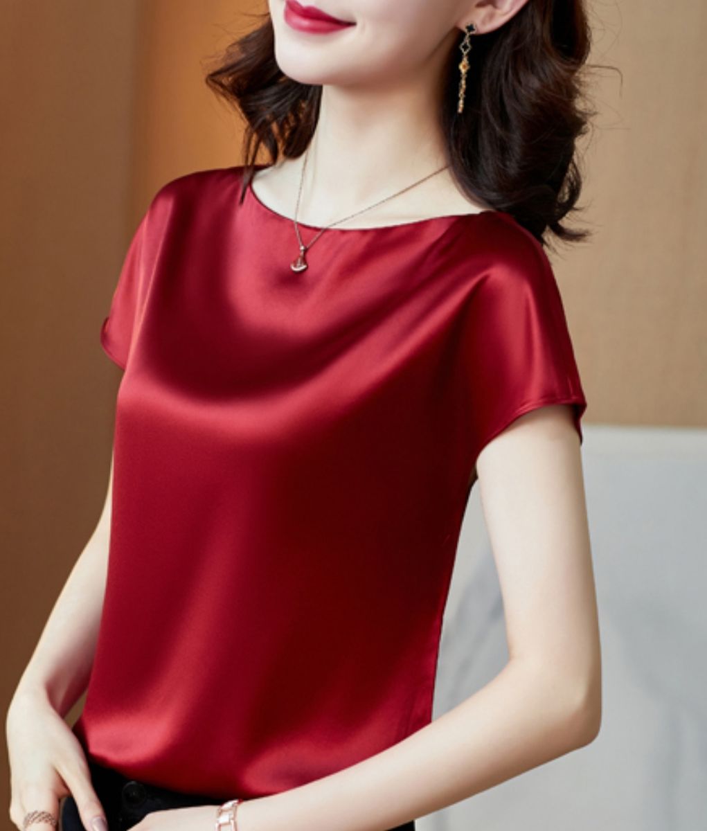 Red Satin Silk Blouse Ladies Woman Short Sleeve Top