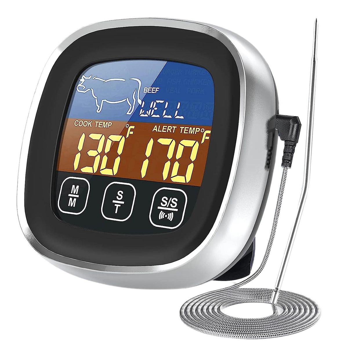 Grill Kitchen Thermometer Set Lcd Display 8 Preset Modes for Bbq Black