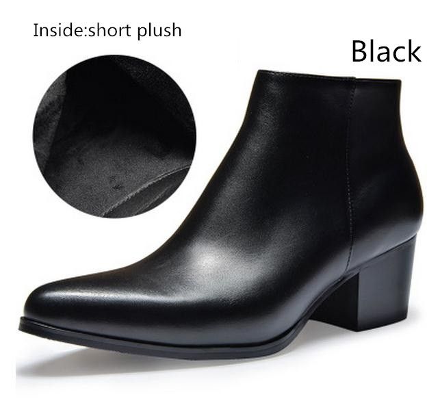 Autumn Winter Mens Genuine Leather Snow Boots 6cm High Heels Whie Black Brown Wedding Dress Shoes Men Business Work Ankle Boots-Inside Short Plush