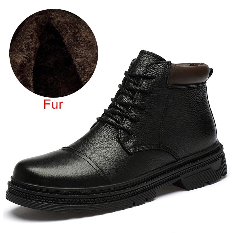 Mens Luxury Business Boots Genuine Leather Winter Shoes Round Toe-Fur Black