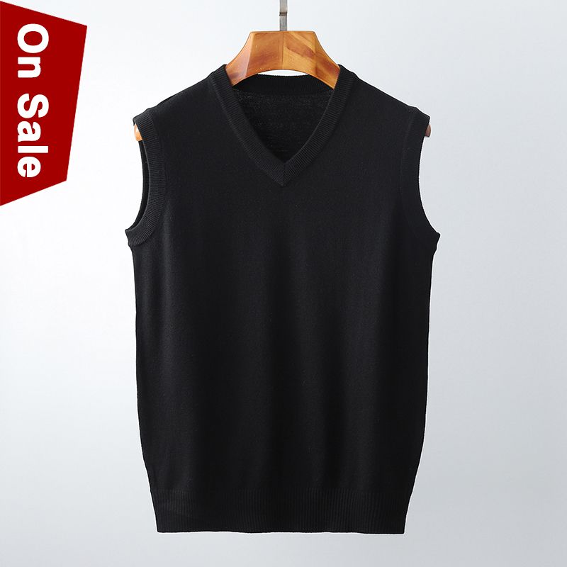 Spring Vest Men Sweaters Male Solid Cotton Slim Pullover Business-Black