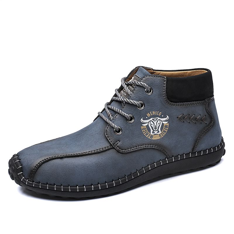 Men's Casual Climbing Hiking Retro Trend Leather Shoes-Blue
