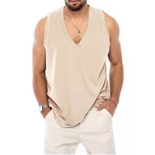 Men's New Sleeveless Vest Casual Solid Color Cotton Linen T-Shirt-light Khaki