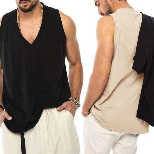 Men's Sleeveless Tank Top Casual Cotton Linen T-Shirt-black+light Khaki